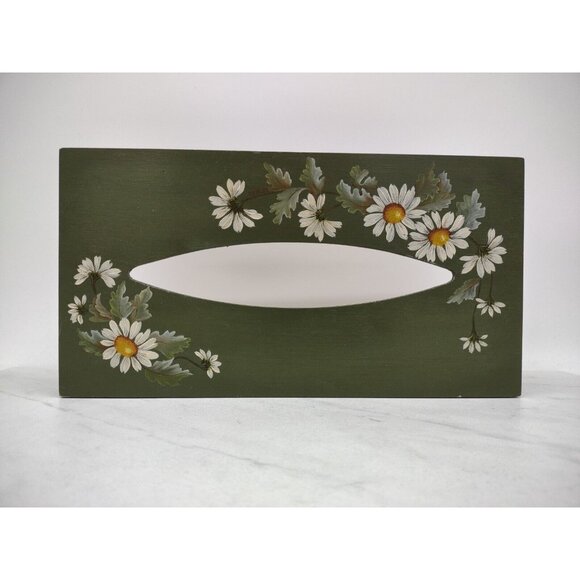 Unbranded Other - Tole Painted Wooden Tissue Box Cover Rectangle Daisy Floral Hand Painted Green